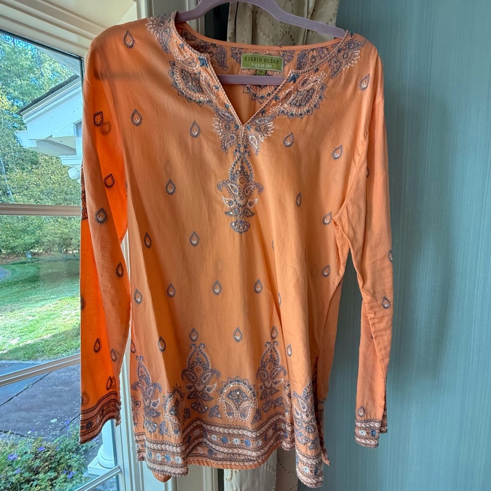 Sigrid Olsen Indian Pattern Coral Orange & Blue Embroidered Floral Tunic Blouse